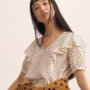 Madewell silk V-neck shoulder Ruffle in Inkbrush dots blouse Polka dot SMALL EUC
